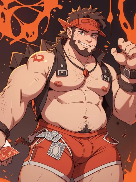 solo, partial nudity, hairy body, beefy chubby male human, stubble, ((playing fantasy card game TCG)), volcano, lava magic, inferno, (cowboy shorts), underwear showing, bulge, confident grin, visor, cuffs, (dynamic)