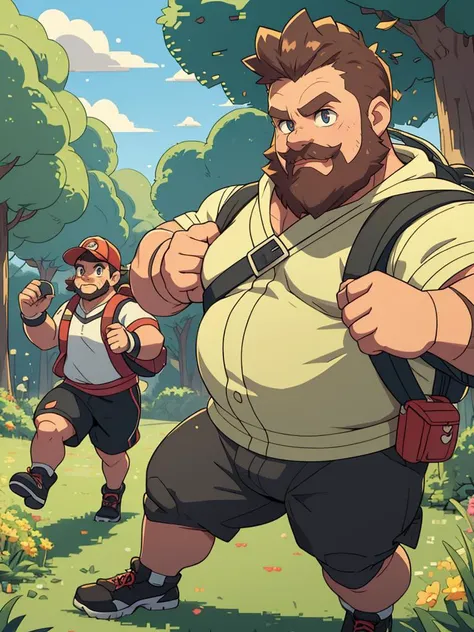 running, chubby beefy male, beard, ((8-bit, retro)), handsome, cute face, glow, pokemon trainer outfit, adventure, field, rpg, fantasy, dynamic, backpack, bulge