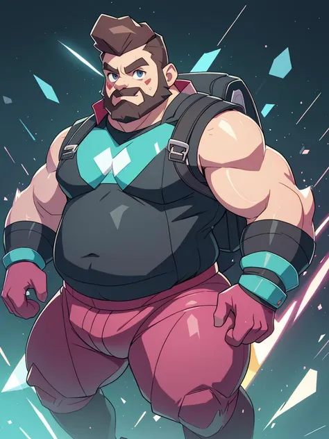 walking, chubby beefy male human, beard, ((polygon, lowpoly, retro)), handsome, cute face, glow, pokemon trainer outfit, adventure, field, rpg, fantasy, dynamic, backpack, bulge, bracelet, glove, light particles, sparks