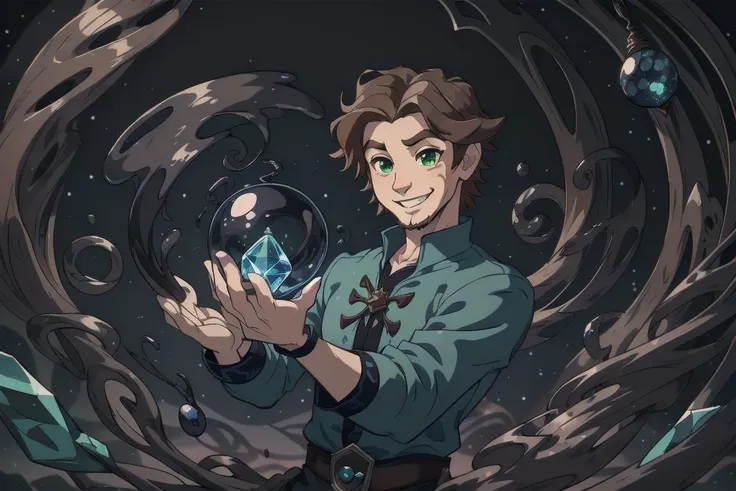 masterpiece, fantasy, shad0wmancer, (1man), skinny body, narrow waist, brown hair, green eyes, cheerful expression, smiling. He's wearing simple blue tunic, unbuttoned clothes, (disney style:1.6), detailed hands, (holding a blue crystal ball), He's casting a spell, black ink swirling around his crystal ball, (swirling black ink), 
background is magic shop, daytime, brightly lit, ink dripping from everything, cheerful atmosphere, cowboy shot,
<lora:Concept - Shadowmancer:0.6>