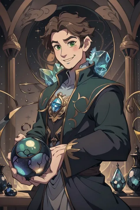 masterpiece, fantasy, shad0wmancer, (1man), skinny body, narrow waist, brown hair, green eyes, cheerful expression, smiling. He's wearing simple blue wizard robe, unbuttoned top, (disney style:1.6), detailed hands, (holding a blue crystal ball), He's casting a magic spell, black ink swirling around his crystal ball, 
background is magic shop, daytime, brightly lit, cheerful atmosphere,
<lora:Concept - Shadowmancer:0.6>