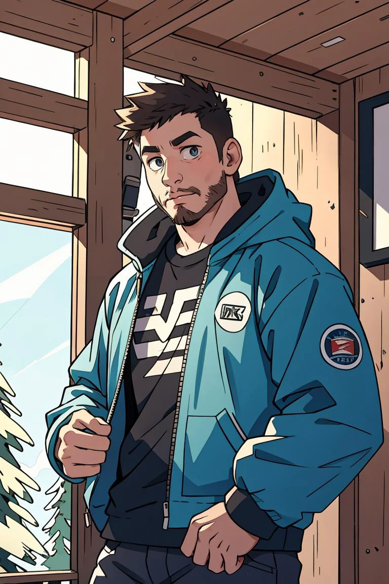 hyper realistic candid photo of a 24yo redneck male, average, convention, analog style, masterpiece, dreamy, short hair, snowboard jacket, sideways