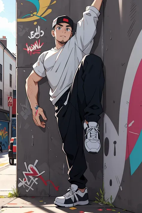 (masterpiece), 28yo boy average guy, (teasing, Parkour,posing with a graffiti wall),