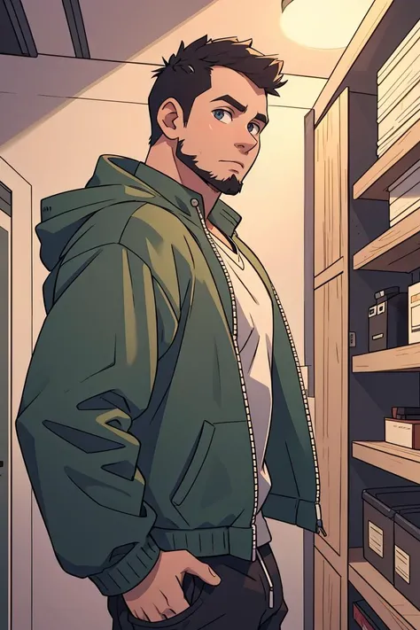 hyper realistic candid photo of a 24yo redneck male, average,  storage room, analog style, masterpiece, enraptured, short hair, fleece jacket, from side