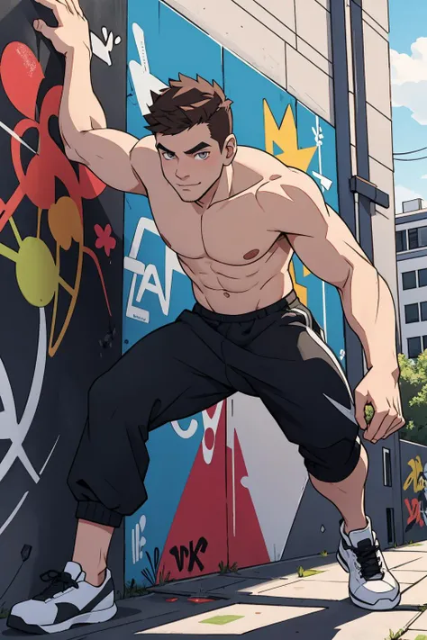(masterpiece), 28yo boy average guy, (teasing, Parkour,posing with a graffiti wall),