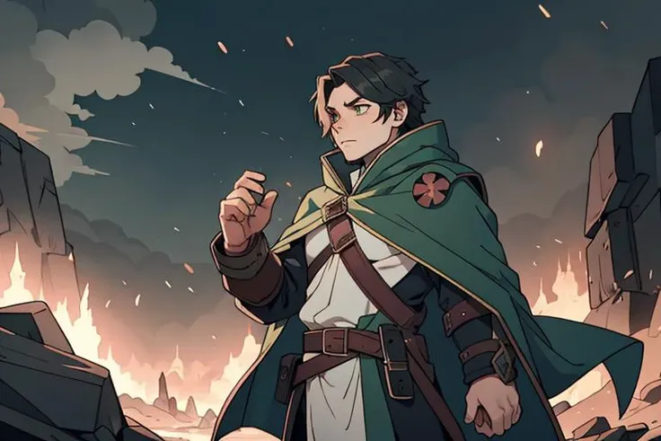 Furious battle damaged 25-year-old male mage in tattered wizard cloak, outstretched hand, runic symbols the air, changing the weather overlooking a massive  battlefield, magic, fantasy,  hyperdetailed photorealistic, accurate, proportionate, 8k, extremely intricate detail, the killing blow, (Girl Scout Green embers),