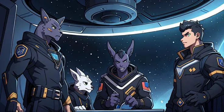 Fortnite, (group), Council meeting, futuristic mage uniform, space station, sinister, claws:0.4, masculine,