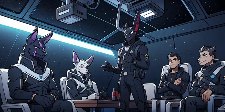 Fortnite, (group), Council meeting, futuristic mage uniform, space station, sinister, claws:0.4, masculine,