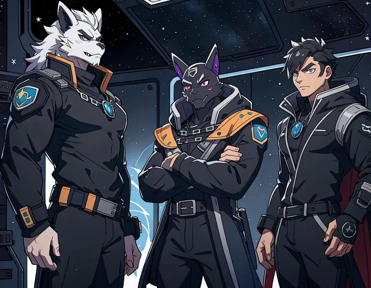 Fortnite, (group), Council meeting, futuristic mage uniform, space station, sinister, claws:0.4, masculine,