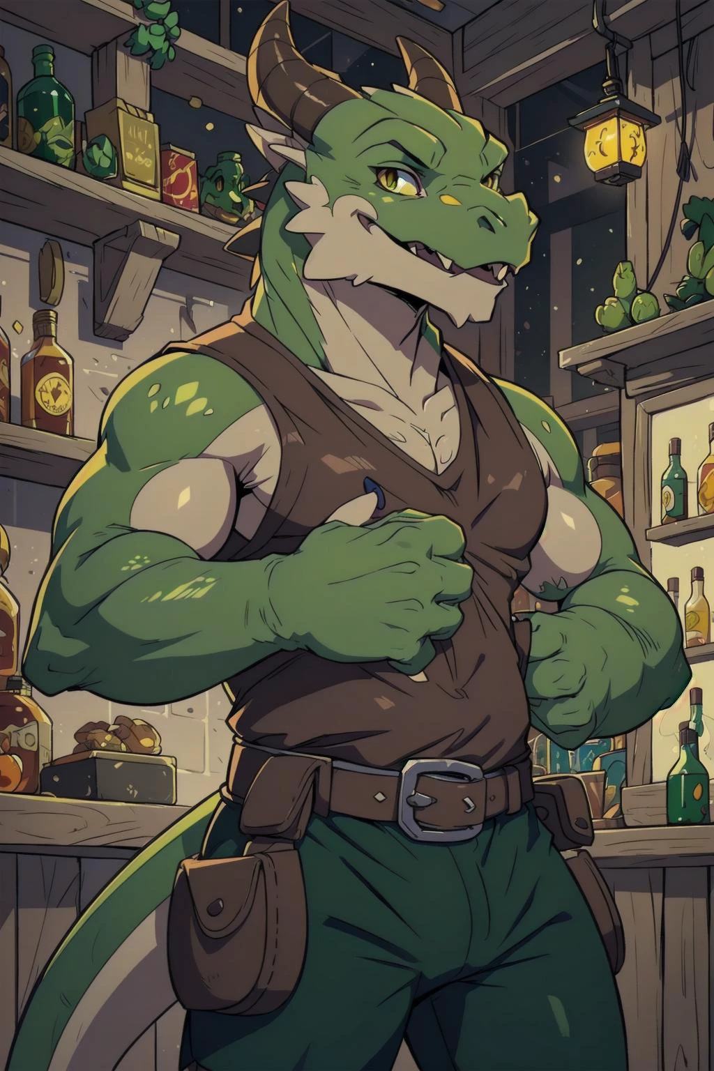 <lora:KoboldTest2:0.6>
(masterpiece), Disney style, 2D animation, 1kobold, male, handsome, masculine, green kobold, green skin, yellow eyes, cheerful, friendly, horns, claws, tail, green scales, fangs, kobold shop keeper,
detailed background, empty magic shop, cowboy shot,