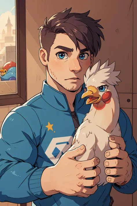 <lora:Shane SDV:1> shane sdv, (holding blue chicken:1.2)