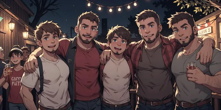 Animation, Anime, a redneck party, men, party, group photo, young, scruffy, cramped, crowded, outdoors, excited facial expressions, party atmosphere, cozy atmosphere, deep dark woods,