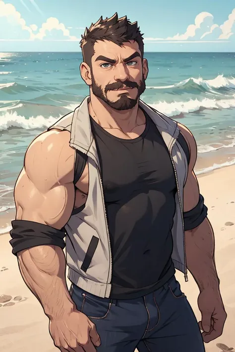 Animation, Turning towards viewer, Photo of a redneck man, (smirking) facial expression, black tank top, bully, outdoors, lake Michigan Beach, jacket, Tshirt,