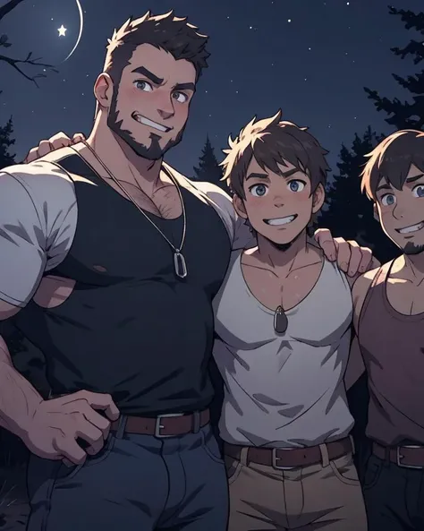 Animation, Anime screencap, group, arm around shoulder, group, male rednecks, ashamed, celebration, group picture, busy picture, happy, grin, deep dark woods, nighttime, dark, outdoors, dumb stare, pervert stare,