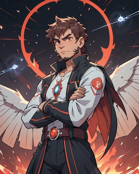 Animation, Anime, 25yo man, jacket, shirt, magical combat, angry, male , Ageless Taut, Native American, Dark brown eyes, Unusual Ears, Dorsal Hump Nose, Asymmetrical Forehead, , Tangerine Fade haircut hair, Skepticism,, Consulting with enchanted creatures, seeking their wisdom and guidance, Crystal Wings caster, (Mesmerizing,Spiral lines,Vermilion ,Synchronicity,hailstorm,Plasma magic:1.3) Flight (levitating or flying) , Shielding Stance, Arms crossed, creating protective barriers, Spectral Radiant,