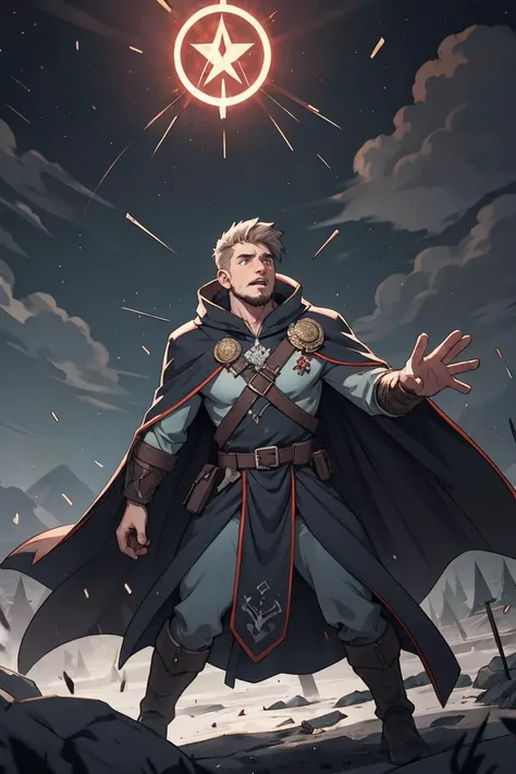 Animation, Furious battle damaged 25-year-old male mage in tattered wizard cloak, outstretched arm, rune symbols the air, changing weather, massive battlefield, magic, fantasy,