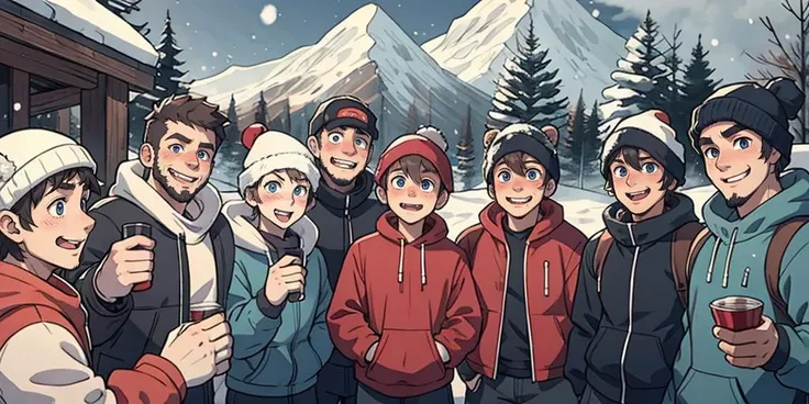 Animation, Anime, a redneck party, men, party, group photo, young, scruffy, cramped, crowded, outdoors, excited facial expressions, friendly atmosphere, cold atmosphere, snowy mountain peak, ski gear, snow flakes,