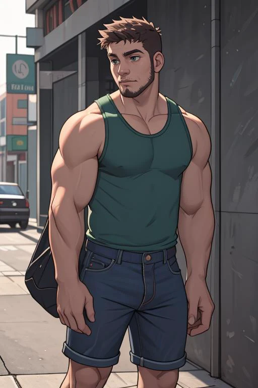 Photo, a 20yo boy, average guy , looking away, content, Ombre Silk Emerald Denim bermuda shorts, Tartan Muscle tank, Derby boots, , , hectic street life,
<lora:lcm-lora-sdv1-5:0.8>
