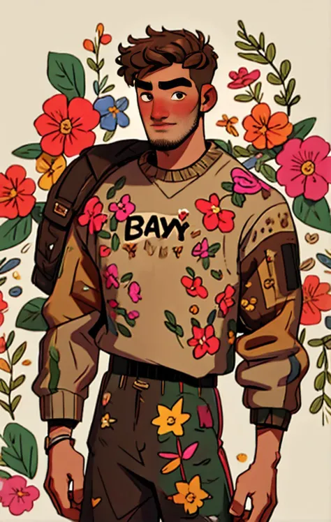<lora:Mix patterns_20230613233118:1.25>, (mix patterns:1.1), young man, patterns, masterpiece, Artstation, handsome brown hair, scruffy stubble, barbie face, flowers