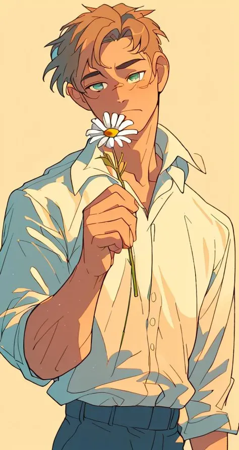 a man holding a daisy  <lora:Holding_a_daisy:1>