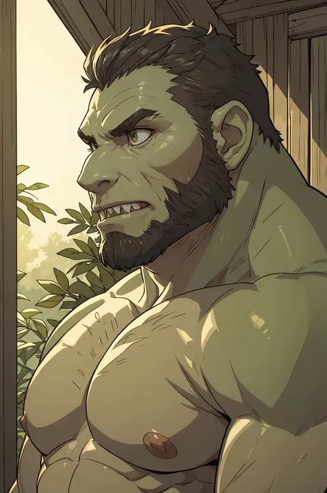 bara, (natural lighting) , wrinkled skin, looking to the side, green orc, mature male,sharp teeth,