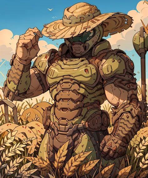 <lora:Doom_Slayer:0.8> doom_slayer, standing, looking at viewer, armor, straw hat, farmer, wheat field, sunny, daytime, helmet