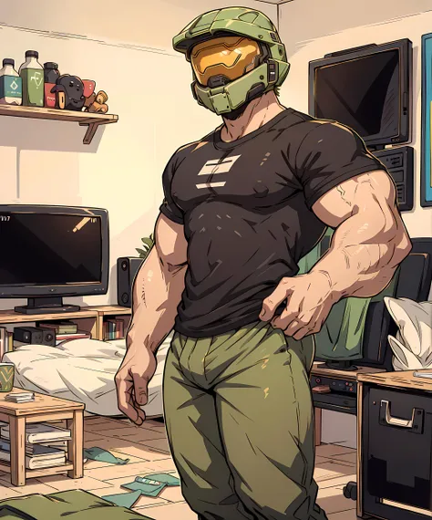 master_chief, standing, (t-shirt:1.4), pants, muscular, helmet, living room, television  <lora:Master_Chief-10:0.75>