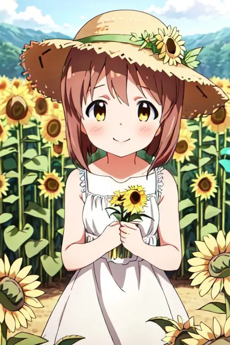 (masterpiece, Highest quality:1.2), One girl,alone, alone,Completely naked,cute,masterpiece,Pretty and beautiful girl,Amami Haruka,(smile:1.2),Cowboy Shot,Braided sandals,The background is a colony of sunflowers,Sunlight sparkling,Realistic skin texture,Low - Angle、Completely naked、nude