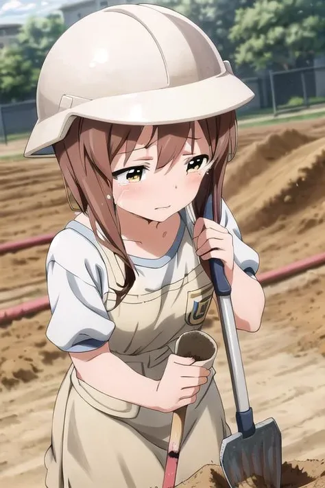 masterpiece, best quality,ultra detail, <lora:anmnr01:0.3>, <lora:GoodHands-vanilla:0.7> <lora:add_detail:0.5> ,cinematic angle,1girl,,<lora:yukiho-idolmaster:0.7>,yukiho hagiwara,blush,tears,(dig ground with shovel ),Construction site, yellow construction helmet