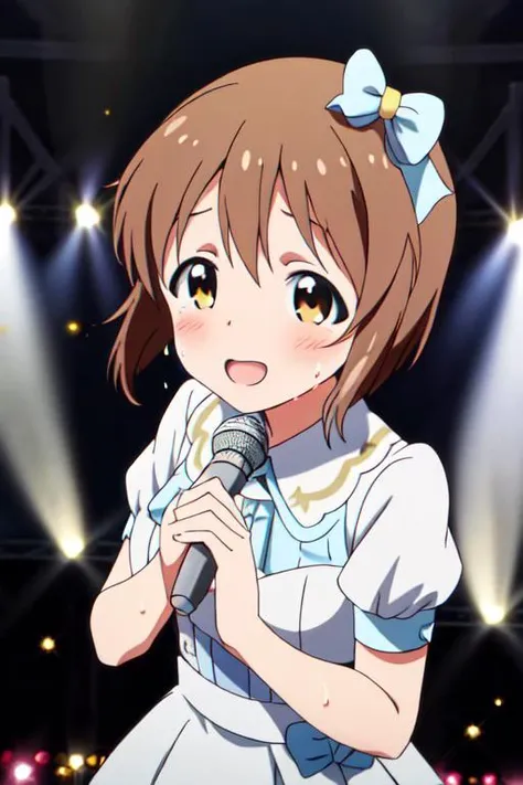 masterpiece, best quality,ultra detail, <lora:anmnr01:0.3>, <lora:GoodHands-vanilla:0.7> <lora:add_detail:0.5>,1girl,,<lora:yukiho-idolmaster:0.7>,yukiho hagiwara,blush,sweat,idol costume,on stage ,spotlight,singing,upper body,audience with psyllium,happy,particle effect,from above