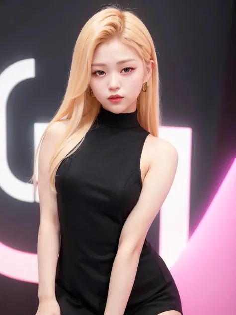 (face portrait:1.3) of Ryujin Itzy, wearing a (black minidress:1.3), (blonde hair:1.3), k-pop Idol, (kiss:1.2), red lips, contrapposto, best quality, ultra high res, (photorealistic:1.3), 1girl, <lora:Ryujin Itzy:0.7>