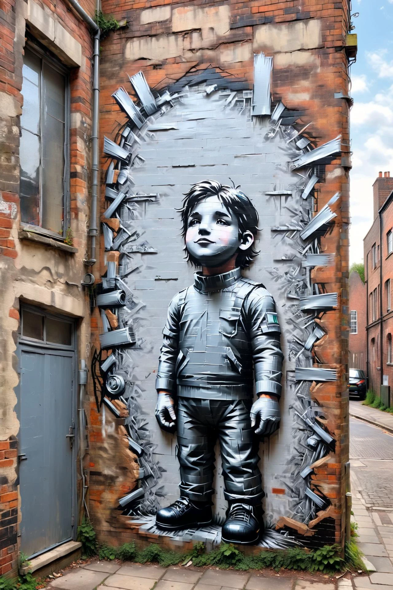 street mural made of ral-ducttape in the style of banksy, brick wall<lora:xl_more_art-full_v1:1> <lora:ral-ducttape:0.5>, (masterpiece:1.2), best quality, colorful, (intricate details, hyperdetailed, highest detailed:1.2), high resolution textures