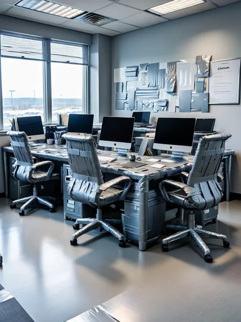 A funny visual of a group of office chairs and desks made of ral-ducttape, set in an otherwise normal office setting <lora:ral-ducttape-sdxl:1>, dynamic, humorous, hdr, photographed with a Sigma fp for a modern, sleek look, <lora:EnvyBetterHiresFixXL01:0:hr=1>