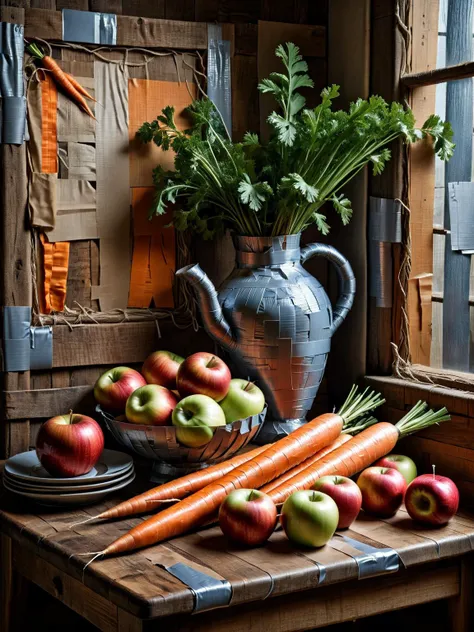 An intriguing still life of apples and carrots, all made of ral-ducttape, arranged on a rustic table <lora:ral-ducttape-sdxl:1>, cinematic, masterpiece, hdr, shot with a Hasselblad X1D for a classic, timeless quality, <lora:EnvyBetterHiresFixXL01:0:hr=1>