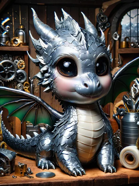 ral-smoldragons,A smol dragon sculpted from ral-ducttape, its wings meticulously crafted and textured, perched on a toolbox in a craftsman's workshop, the entire scene reminiscent of a DIY paradise <lora:ral-smoldragons-sdxl:1> <lora:ral-ducttape-sdxl:0.8>, detailed, dynamic, HDR,<lora:EnvyBetterHiresFixXL01:0:hr=1>.