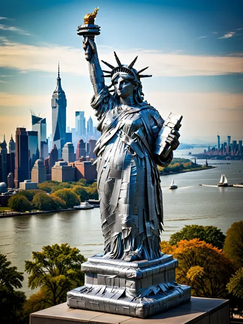 A realistic image of the Statue of Liberty made of made of ral-ducttape, against a cityscape backdrop <lora:ral-ducttape-sdxl:1>, intricate, hdr, captured with an Olympus OM-D E-M1X for dramatic effect, <lora:EnvyBetterHiresFixXL01:0:hr=1>