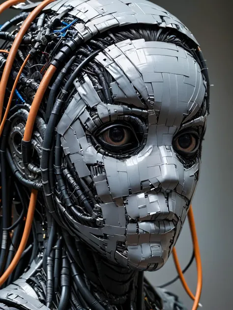 cyborg, <lora:Faceless_Cyborgs:0.7>, wires and cables connected to head, hoses, ziprealism  <lora:ral-ducttape:1> ral-ducttape, <lora:EnvyBetterHiresFixXL01:1>, masterpiece, best quality, ultra high res, (photorealistic, realistic:1.2), deep shadow, raw photo, film grain, Fujifilm XT3, 8k uhd, dslr