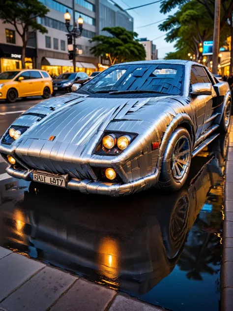 An unusual visual of a classic car made of ral-ducttape, parked on a bustling city street, reflecting the city lights, bokeh <lora:ral-ducttape-sdxl:1>, vibrant, detailed, hdr, shot with a Sony Alpha a7R III for sharp, high-resolution imagery, <lora:EnvyBetterHiresFixXL01:0:hr=1>