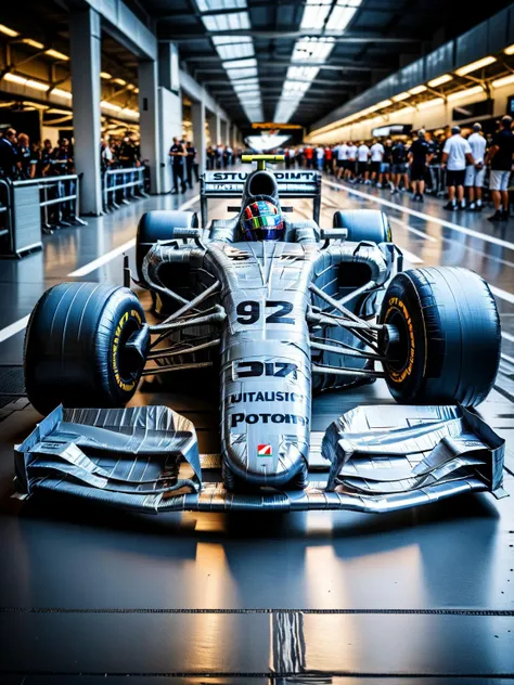 An F1 racing car carefully made of ral-ducttape, parked in the pit lane <lora:ral-ducttape-sdxl:1>, dynamic, cinematic, hdr, shot with a Fujifilm GFX 100 for ultra-high resolution and detail, <lora:EnvyBetterHiresFixXL01:0:hr=1>