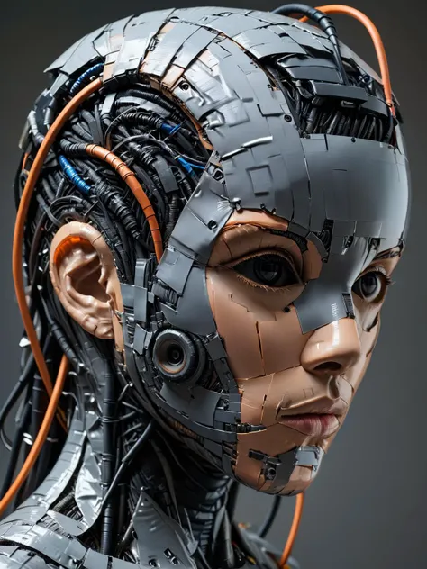 cyborg, <lora:Faceless_Cyborgs:0.7>, wires and cables connected to head, hoses, ziprealism <lora:ral-ducttape:1> ral-ducttape, <lora:EnvyBetterHiresFixXL01:1>, masterpiece, best quality, ultra high res, (photorealistic, realistic:1.2), deep shadow, raw photo, film grain, Fujifilm XT3, 8k uhd, dslr