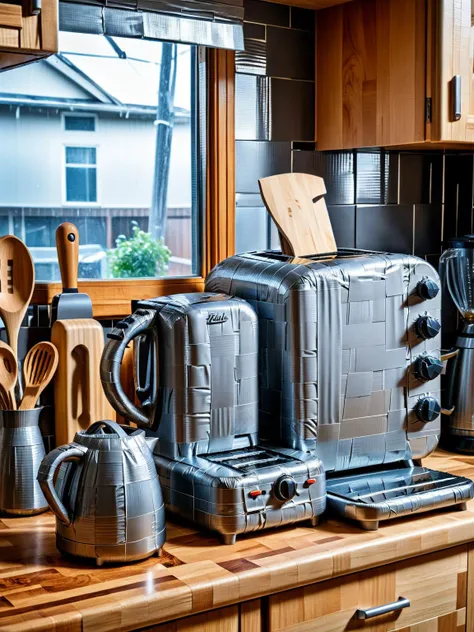 A humorous image of a collection of kitchen appliances, including a toaster and blender, all made of ral-ducttape, set in a modern kitchen <lora:ral-ducttape-sdxl:1>, dynamic, intricate, hdr, photographed with a Nikon D850 for a crisp, detailed finish, <lora:EnvyBetterHiresFixXL01:0:hr=1>