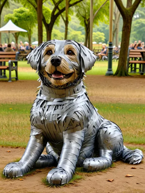 A playful scene of a dog playfully made of ral-ducttape, sitting in a country park, maintaining its happy demeanor <lora:ral-ducttape-sdxl:1>, dynamic, humorous, hdr, taken with a Panasonic Lumix DC-S1R for a lively, realistic portrayal, <lora:EnvyBetterHiresFixXL01:0:hr=1>