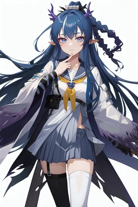 <lora:ä»¤:1:lbw=char>,ling,a girl named ling,blue hair,long hair,1girl,horns,pointy ears,dragon horns,blue eyes,school uniform,sailor dress,black thighhighs,, (masterpiece,best quality:1.2),absurdres, high quality,