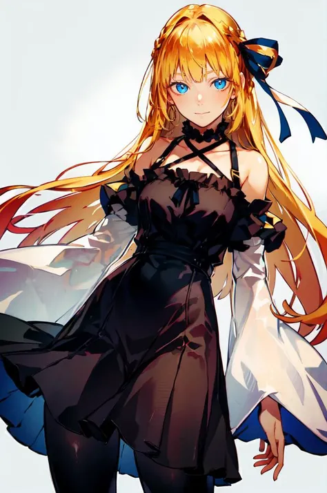 <lora:nishiide_kengorou_style_v01:0.8>, ultra detailed, masterpiece, best quality,, solo, soft smile, light smile,
1girl, blue eyes, very long hair, blonde hair, long blonde hair, french braid, bangs, medium breasts,, hair ribbon, frilled choker, criss-cross halter, sleeveless dress, high-waist skirt, backless dress, waist bow, detached sleeves, frilled sleeves, wide sleeves, pantyhose, patterned legwear, mary janes,