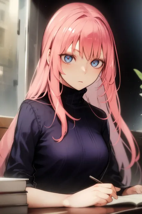 (masterpiece, best quality:1.2), upper body, solo, 1girl, sukunatattoo,shy, looking at viewer, hand on own face, long hair, pink hair, blue eyes, extra eyes, v-shaped eyebrows, black jacket, long sleeves, dark lighting, caustics,