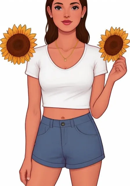 drawing klinn art <lora:klinn_art_v1.0-fro0.9:1> woman in shorts and t-shirt standing in front of sunflowers