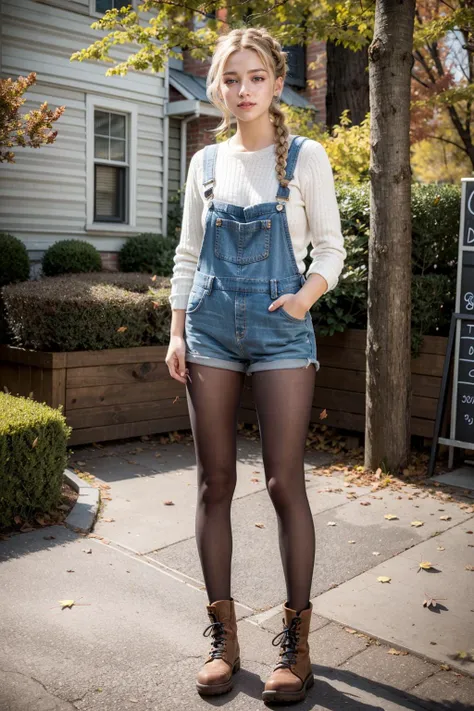 (realistic:1.3), finely detailed, quality, rembrandt lighting, (masterpiece:1.2), (photorealistic:1.2), (best quality), (detailed skin:1.3), (intricate details), dramatic, ray tracing, 1girl, american girl, 21 years old, detailed skin texture, (blush:0.5), (goosebumps:0.5), subsurface scattering, smiling, medium breasts, long braids, braided loops, blonde hair, bangs, hair between eyes, edgADC_fashion, shirt, long sleeves, overalls, hands in pockets, leggings, boots, wearing edgADC, full body, (outdoors, new york, autumn setting, autumn leaves, professional street fashion photography), <lora:edgAutumnDressCode:1>