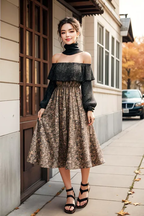 ((Masterpiece, best quality,edgQuality)), smug,smirk,
edgADC_fashion,
long dress, autumn leaves print,sandals,off shoulder turtleneck
,wearing edgADC
<lora:edgAutumnDressCode:1>
