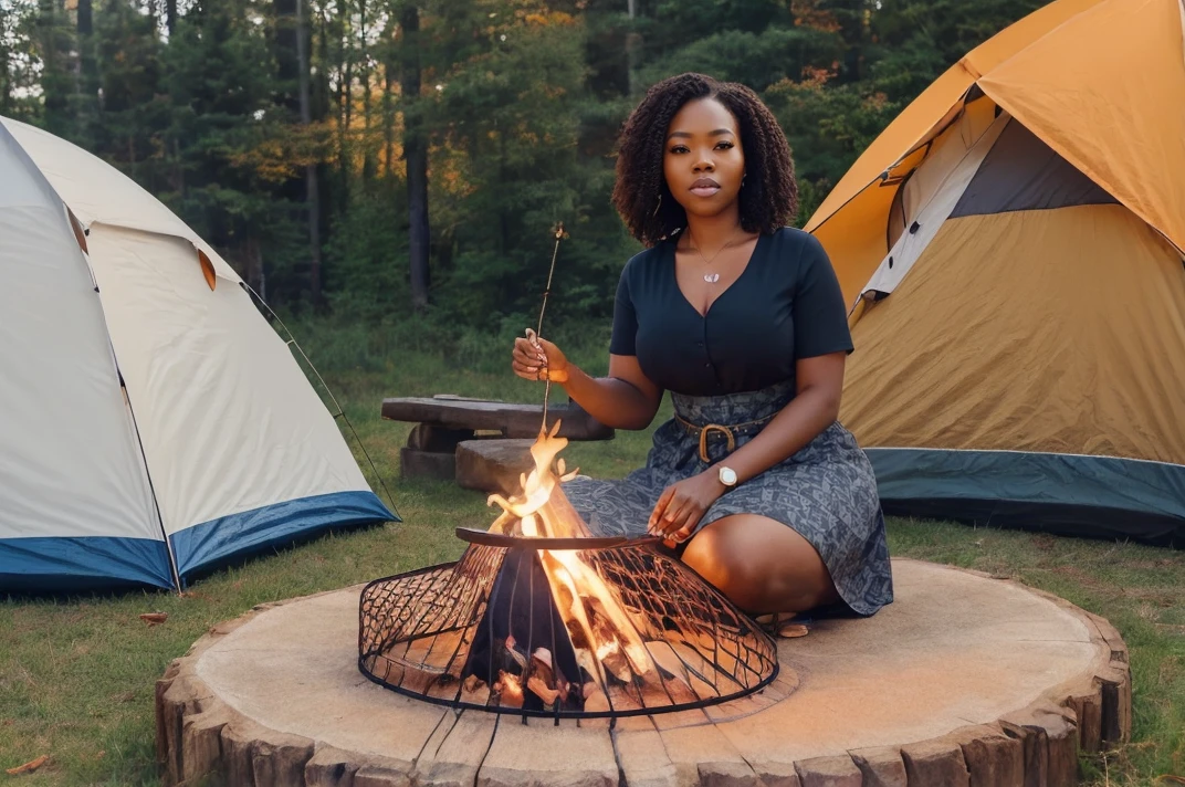 l1nd4 wearing belted patterned dress at camping, tent, forest in autumn, campfire <lora:edgAutumnDressCode:0.5> edgADC_fashion, wearing edgADC <lora:Black_Women:0.3> 1girl, (autumn:0.4), (at Nighttime:1.15), (blending:0.95), head shot, looking down, (content facial expression:1.3), sundress, (highly detailed, high quality:1.3)