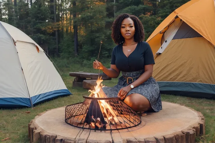l1nd4 wearing belted patterned dress at camping, tent, forest in autumn, campfire <lora:edgAutumnDressCode:0.5> edgADC_fashion, wearing edgADC <lora:Black_Women:0.3> 1girl, (autumn:0.4), (at Nighttime:1.15), (blending:0.95), head shot, looking down, (content facial expression:1.3), sundress, (highly detailed, high quality:1.3)